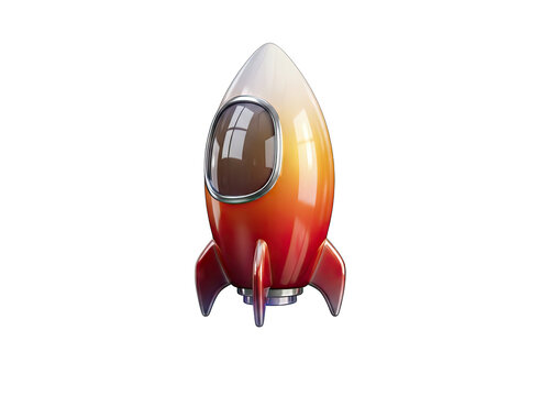Retro Red Orange Rocket Ship With Chrome Accents and Reflective Window Isolated On Black Background With Soft Ambient Lighting