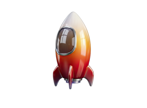 Retro Red Orange Rocket Ship With Chrome Accents and Reflective Window Isolated On Black Background With Soft Ambient Lighting