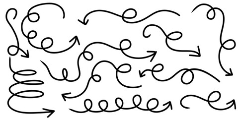 Set Curly Arrow Handdrawn Vector Ideal for emphasizing returns, loops, and navigational flow in a rough, hand-sketched style. Symbolizes direction, rotation, and flow.