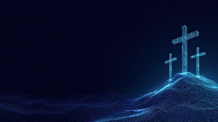 Three luminous crosses ascend a digital hill, bathed in an ethereal, blue glow, offering a striking. ..Created with Generative AI, not depicting real subjects.