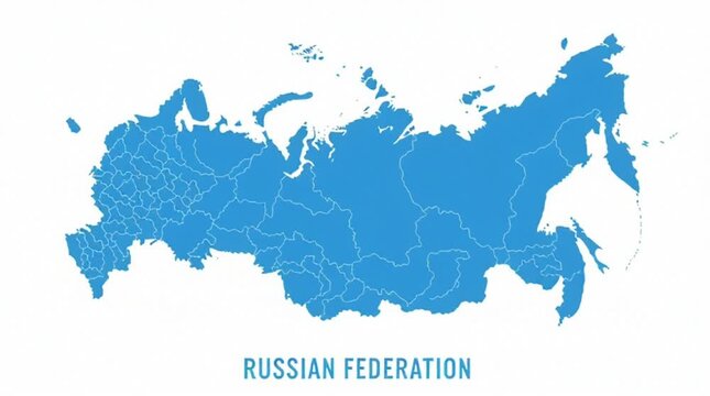 Blue Map of Russian Federation with Regions on White Background
