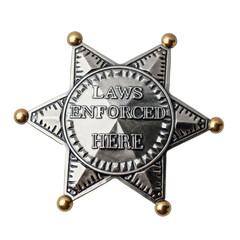 Silver Star Shaped Law Enforcement Badge with Golden Studs and Engraved Text Laws Enforced Here on Black Background