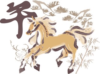 Ink Painting (Sui-Boku) Horse with Pine, Bamboo, and Plum Blossom