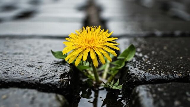 Single Yellow Dandelion Flower Growing Through Pavement Cracks After Rain with Water Droplets