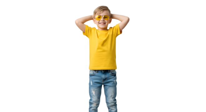 A happy young boy wearing a yellow tshirt and jeans, isolated on transparent background - Powered by Adobe