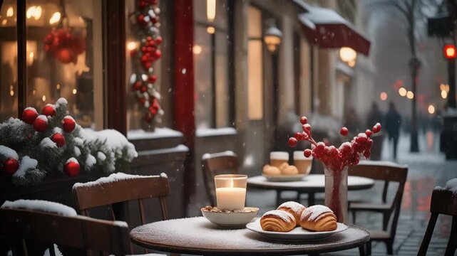 Winter Cafe Scene Cozy European Bistro in Snow