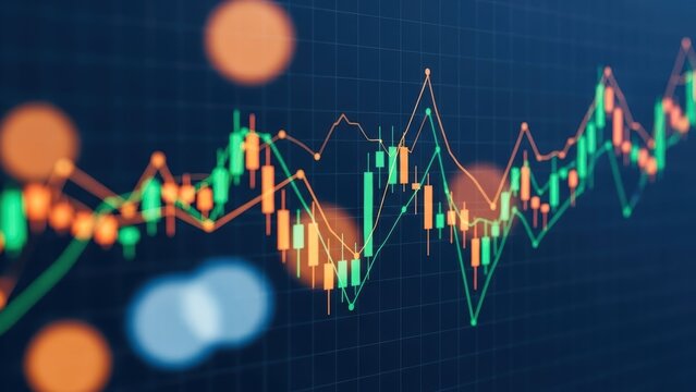 Financial stock market chart with candlestick graph and line graphs. Business investment trend and global market analysis application.