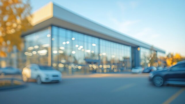 Blurred modern vehicle dealership exterior, defocused business background with automobile showroom architecture and commercial display, automotive retail visualization with copy space