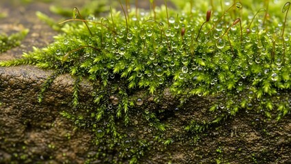 Extreme Macro Close-up of Green Moss Growing on a Rough Rock Surface, Covered with Tiny Water Droplets or Dew, Highlighting Nature, Freshness, and Ecology