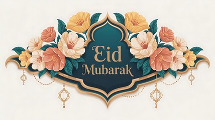 Elegant Eid Mubarak greeting card design with flowers and lanterns