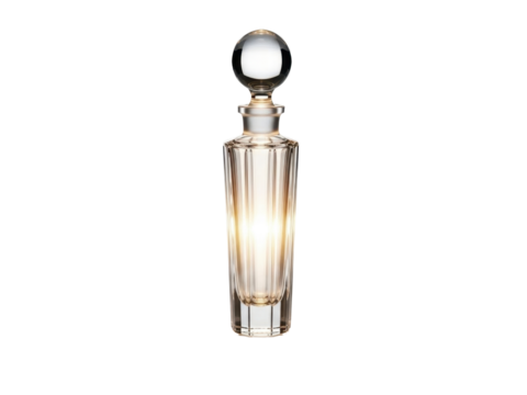 Elegant perfume bottle glowing softly on white background