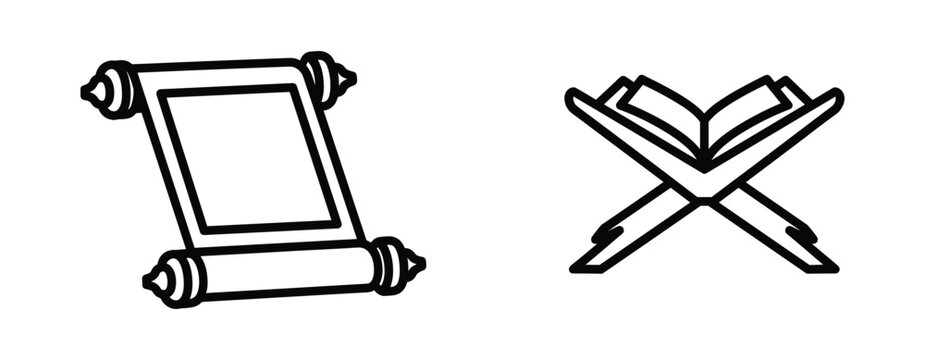 Ancient scroll and quran book on wooden stand. Outline icon vector illustration.