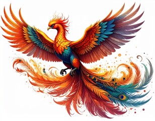 Obraz premium A vibrant, colorful phoenix with fiery feathers, soaring amidst swirling patterns, symbolizing rebirth and transformation.