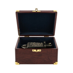 Intriguing antique lockbox displayed in elegant wooden case