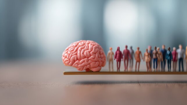 A conceptual image featuring a brain balanced on a narrow surface, with miniature human figures standing in a line beside it, symbolizing the relationship between intellect and humanity.