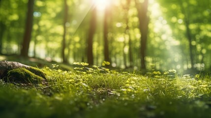 Fototapeta premium Lush Green Forest Scene with Sunlight Streaming Through the Trees.