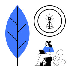 Nature design. Abstract artwork combining a blue leaf, an eye symbol, and a person with a laptop. Nature with symbolism and technology for concepts thumbs up balance, mindfulness, and sustainability