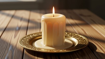 Lit candle with melted wax on golden plate