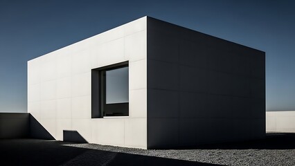 Minimalist architectural design of a contemporary white cubic building facade showing the interplay of light and shadow under a clear blue sky