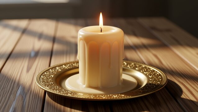 Lit candle with melted wax on golden plate - Powered by Adobe
