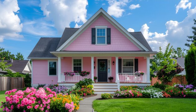Charming Pink House with Lush Flower Garden Under a Sunny Sky
