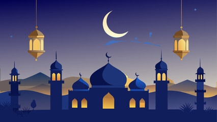 Illustration of a mosque at night with a crescent moon and hanging lanterns in the sky above it all
