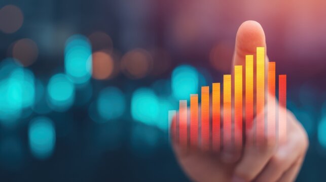 A hand points at a rising bar graph against a blurred blue background, symbolizing growth, data analysis, or financial success.