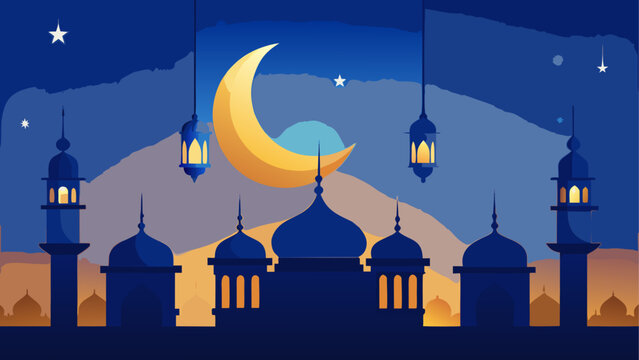 Silhouette of mosque with crescent moon and stars in the night sky ramadan kareem celebration art