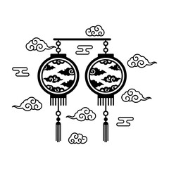 Lunar New Year Lantern Asian lanterns silhouettes with clouds and black background