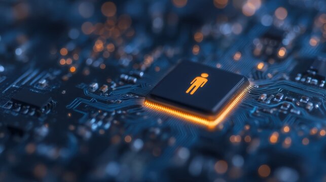 A close-up view of a microchip with a human figure icon, symbolizing the intersection of technology and humanity.