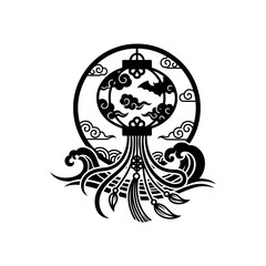 Lunar New Year Lantern Stylized lantern silhouette floating over water waves