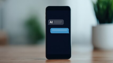 A smartphone displaying an AI messaging interface, showcasing a conversation with text bubbles on a wooden surface.