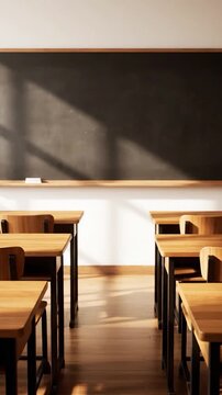 Empty classroom with wooden desks and a blackboard under warm sunlight
