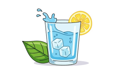 Refreshing glass of water with ice and lemon slice, healthy beverage with fresh green leaf