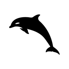 A sleek black silhouette of a jumping dolphin against a white background