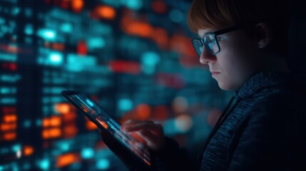 A focused individual interacts with a tablet, illuminated by a vibrant, digital backdrop, conveying a sense of technology and engagement.