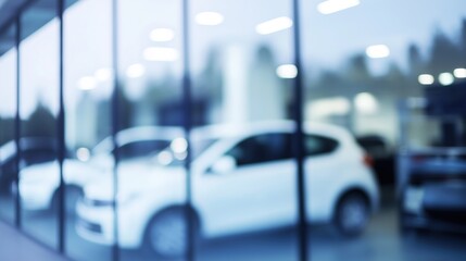 Blurred modern vehicle dealership exterior, defocused business background with automobile showroom architecture and commercial display, automotive retail visualization with copy space