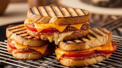 Deliciously grilled sandwiches with melted cheddar cheese and tomato, a comforting and typical food favorite for lunch