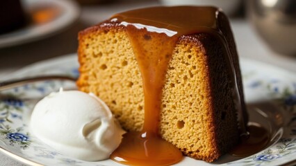 A delectable slice of moist sponge pudding, a typical food dessert from England, generously drizzled with warm toffee sauce and served with cream