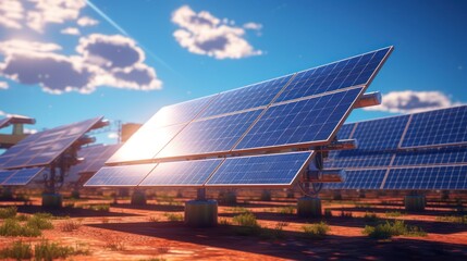 Vast Solar Panel Array Under a Bright Blue Sky with Fluffy Clouds.