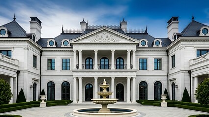 Fototapeta premium Exterior facade of a luxurious white mansion with classical architecture, a grand columned portico, and an elegant fountain in the driveway