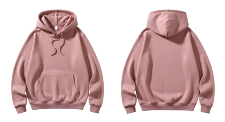 Pink casual unisex hoodie, front and back views, blank garment