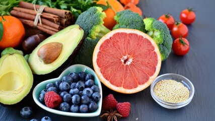 Close-up of a halved avocado, moving past a heart-shaped bowl of blueberries and raspberries to a grapefruit half, ending on a quinoa bowl with swaying grains, broccoli and cherry tomatoes nearby - Powered by Adobe