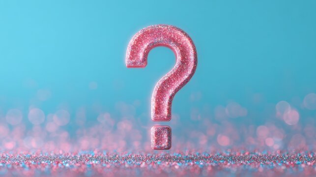 A sparkling pink question mark glimmers against a soft blue background, surrounded by shimmering sequins, evoking curiosity and intrigue.