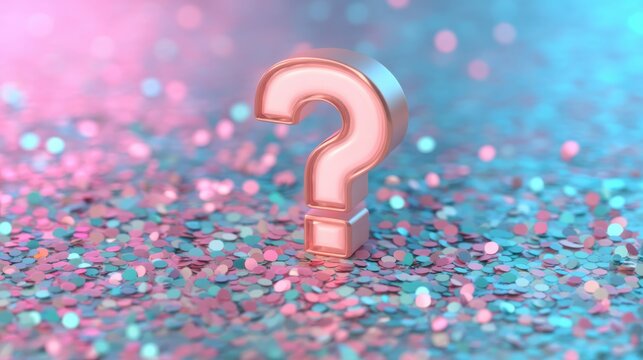 A shiny pink question mark stands on a bed of colorful confetti, creating a vibrant and playful visual atmosphere.