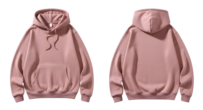 Pink casual unisex hoodie, front and back views, blank garment