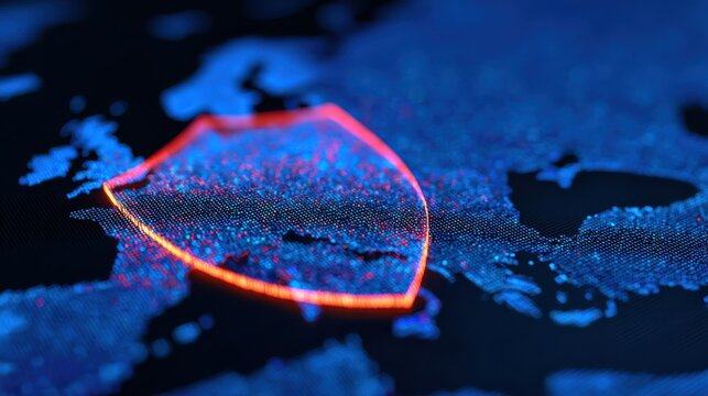A digital map of Europe with a glowing shield, symbolizing cybersecurity and data protection in a high-tech environment. - Powered by Adobe
