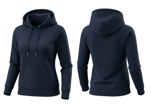 Navy blue women's hooded sweatshirt with drawstring and raglan sleeves isolated on transparent background