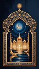 Golden Mosque and Crescent Moons with Floral Archway Illustration Art