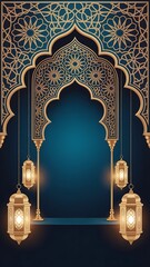 Islamic background with golden arches lanterns and deep blue backdrop design , islamic, background, golden, arches, lanterns